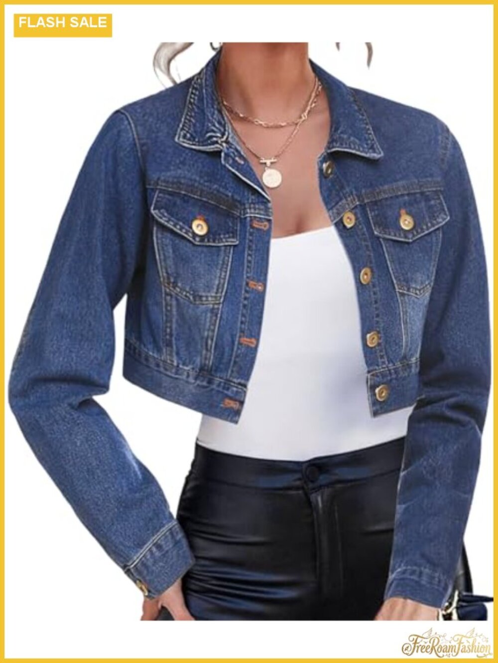 Cropped Denim Jacket Long Sleeve Button Up Women's Jean Coat